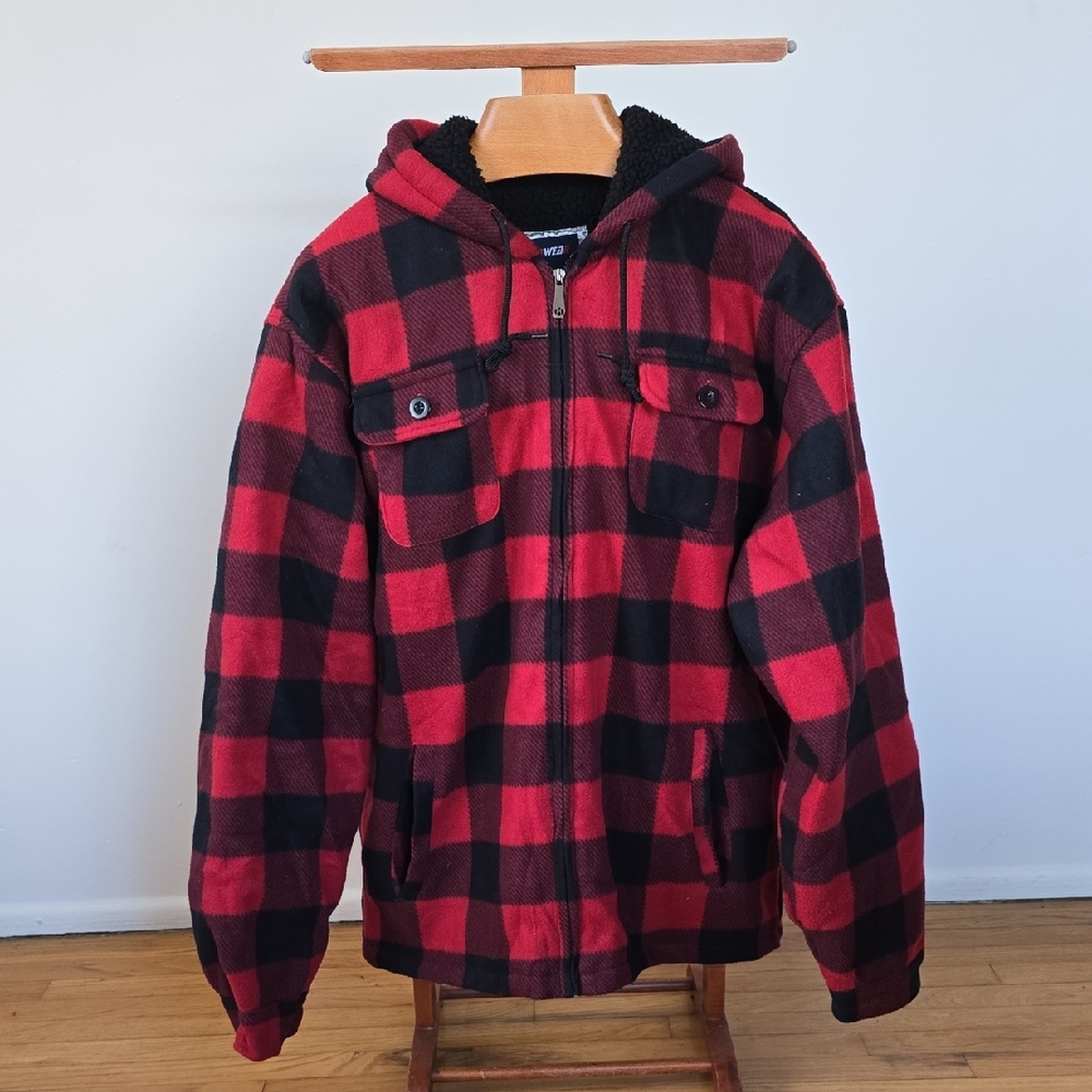 Outwear Black And Red Plaid Hooded Sweater Fleece Jacket Size 2XL